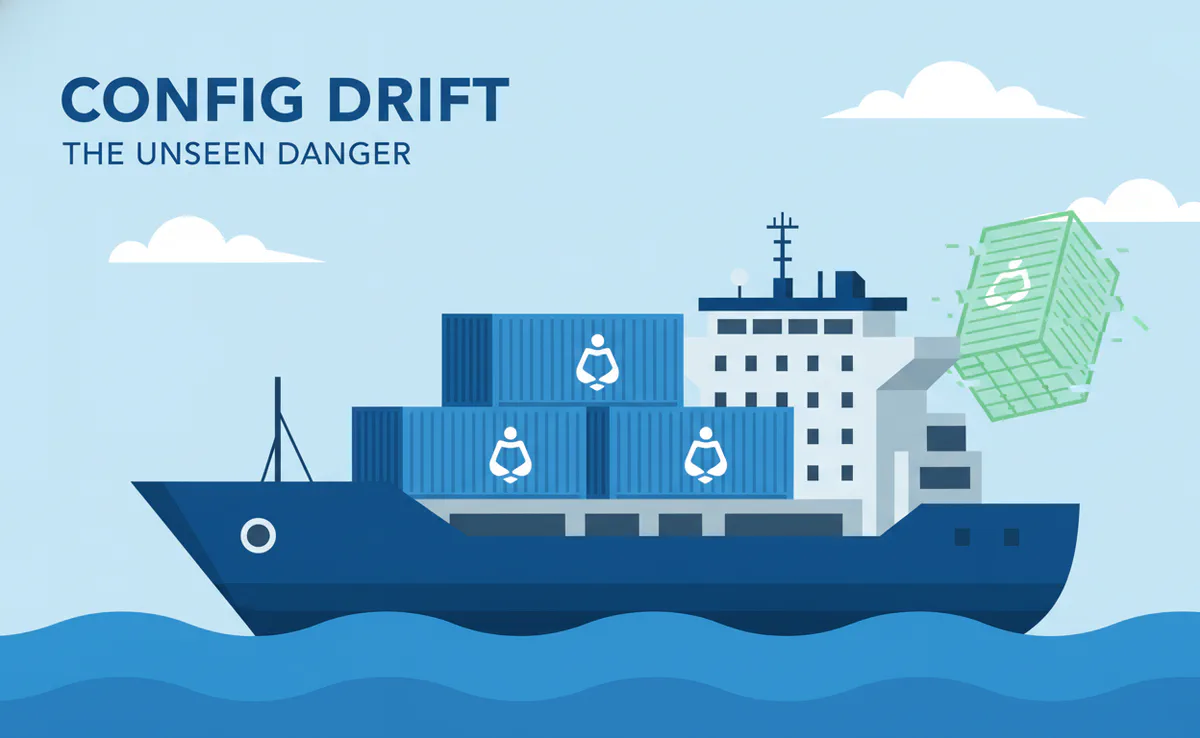 Cargo ship carrying Linux containers while one container drifts away beneath the words Config Drift