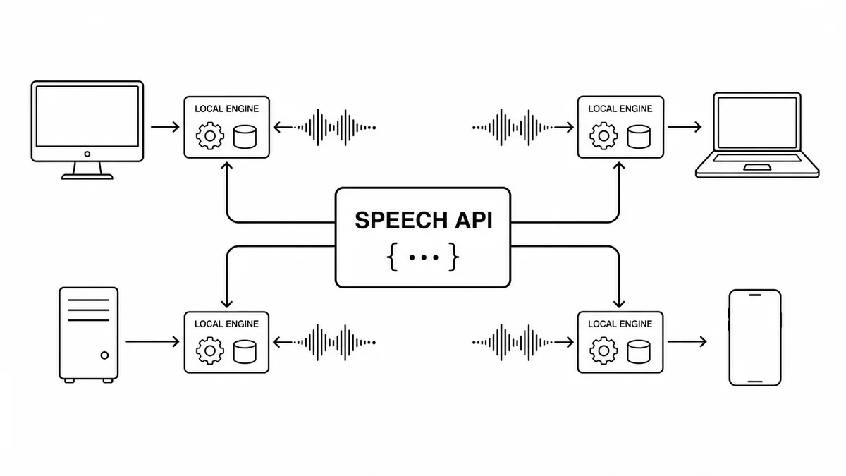 Black and white technical cover showing one Speech API dispatching to multiple local TTS engines and platforms.
