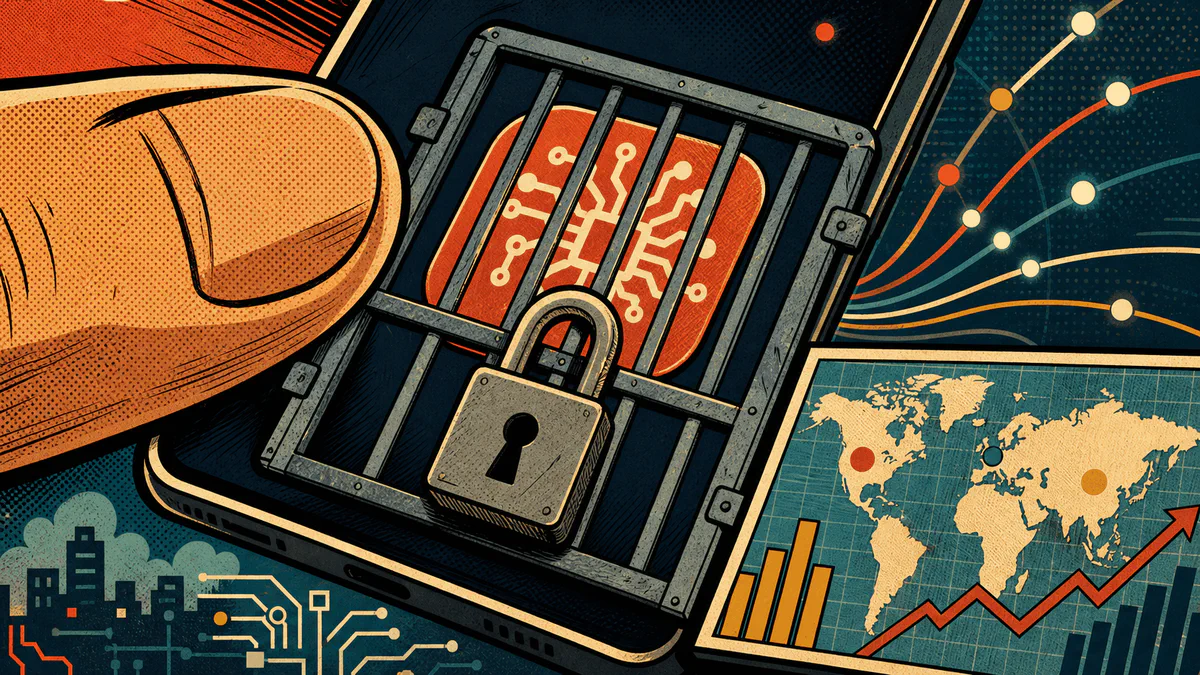 Retro cartoon cover showing an abstract AI app tile behind a locked access gate, with network lines and market-map panels.