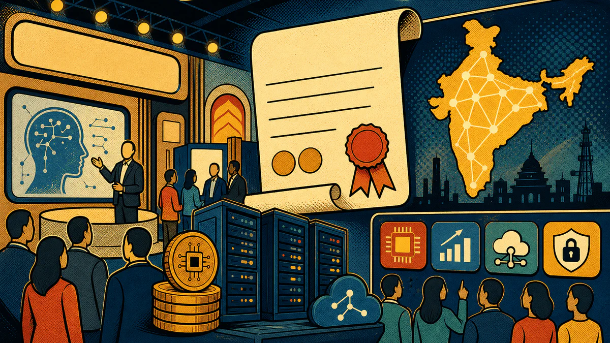 Retro cartoon cover showing an AI funding document, server stack, India-shaped network map, and enterprise app panels.