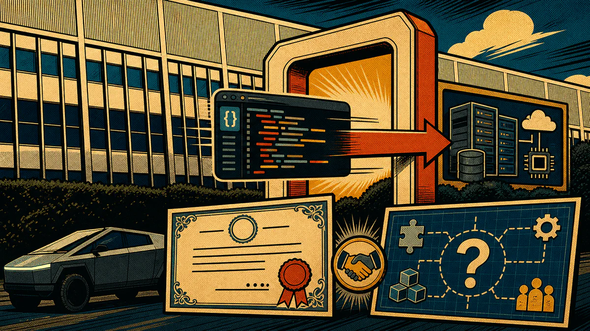 Retro cartoon cover showing a tech-campus building, code editor panel, blank stock certificate, and integration blueprint.