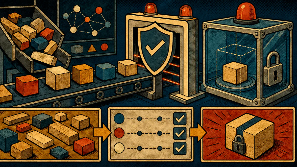Retro cartoon cover showing anonymous package blocks moving through a shield gate into a sealed sandbox container.
