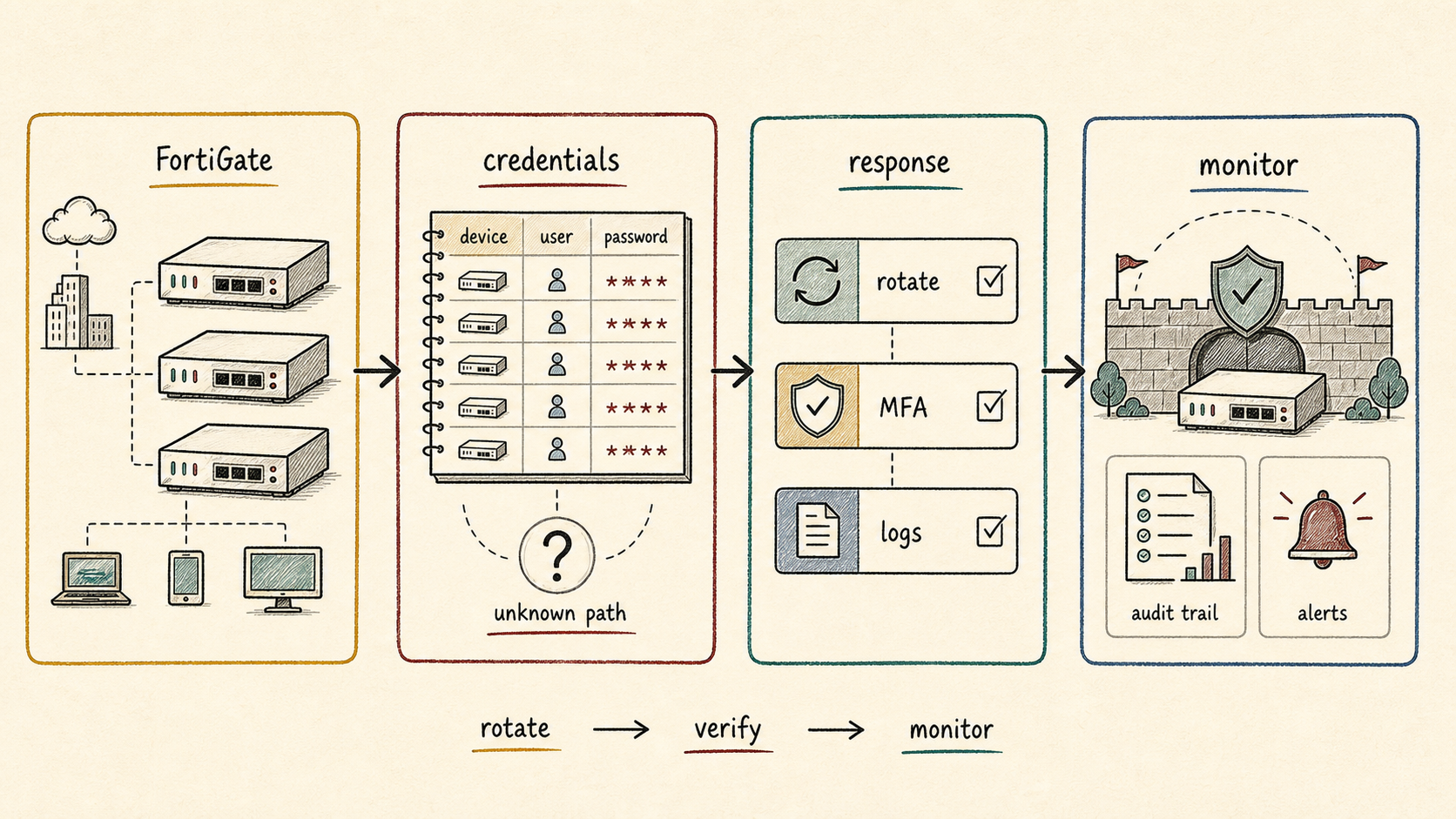 Hand-drawn strategy map of leaked firewall credentials, password rotation, MFA, and audit review.