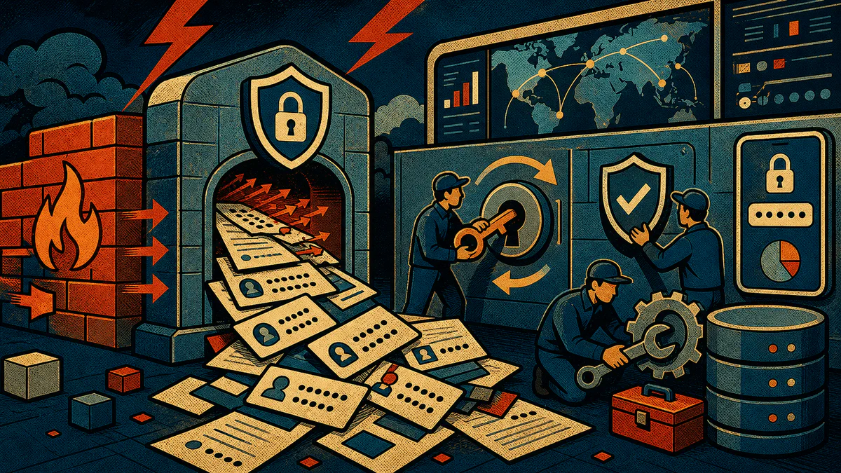 Retro cartoon cover showing firewall gateways, a spilling credential ledger, repair tools, and MFA shield symbols.