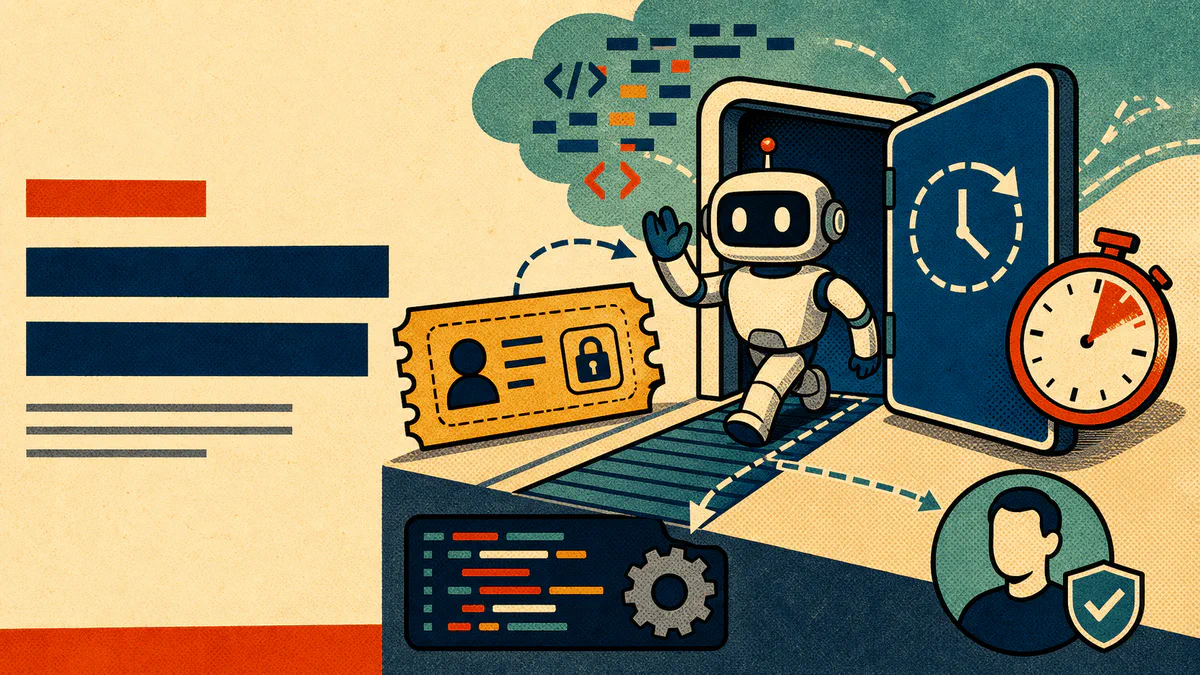 Retro cartoon cover showing an AI agent entering a temporary access door with a timer, ticket, and owner-claim path.