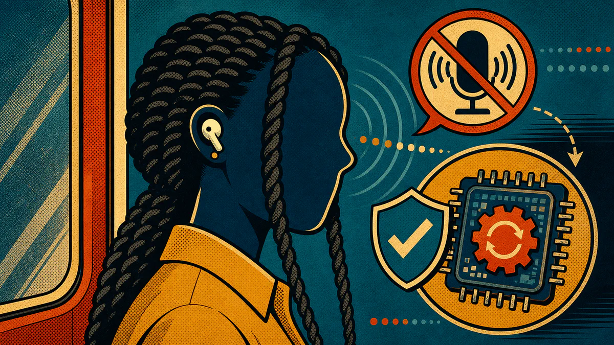 Retro cartoon cover showing an anonymous earbud wearer, Bluetooth signal rings, a crossed-out microphone, and a firmware patch chip.