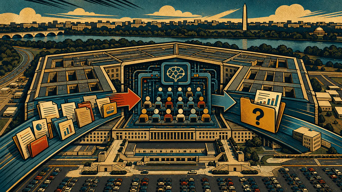 Retro cartoon cover showing a pentagonal office complex sending report folders through a room of AI agent icons.