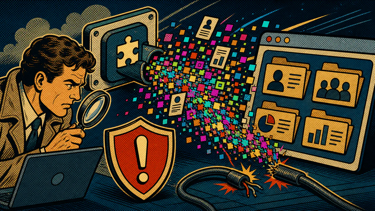 Retro cartoon cover showing an investigator watching colorful CRM data shards spill from an integration plug.