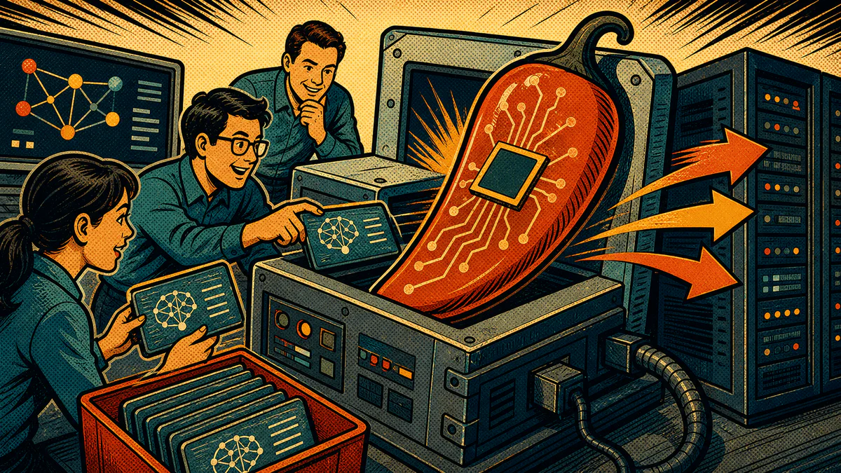 Retro cartoon cover showing engineers feeding AI workload cards into a jalapeno-shaped custom inference chip and server racks.