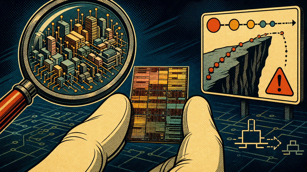 Retro cartoon cover showing gloved hands holding a tiny chip under a magnifying glass with a transistor-city detail.