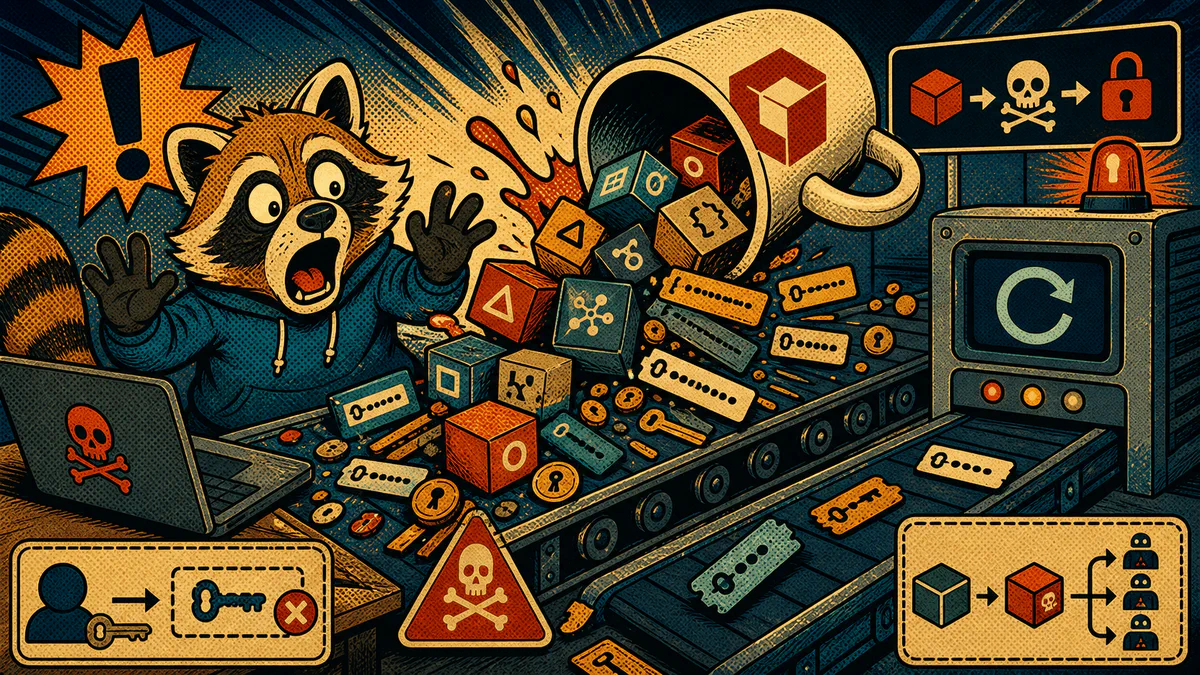 Retro cartoon cover showing poisoned package boxes spilling secret tokens into a CI runner conveyor.