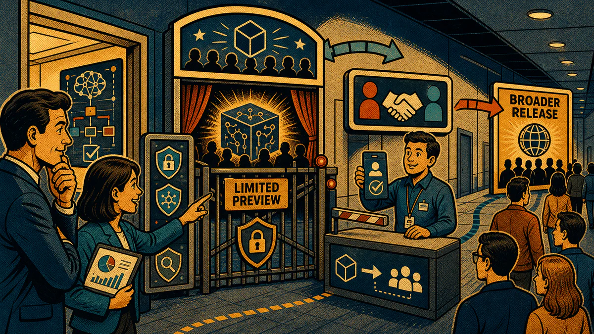 Retro cartoon cover showing a gated AI model preview with safety screens, partner access checkpoint, and broader release path.