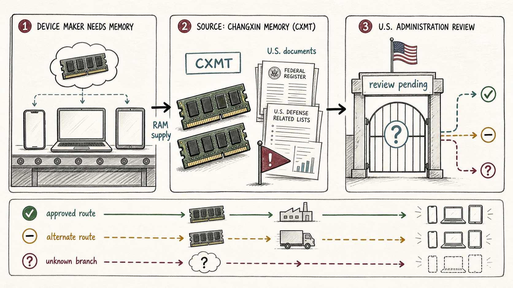 Hand-drawn map of a consumer-device maker seeking U.S. review for CXMT memory purchases, with public documents, a pending gate, and alternate supply routes.