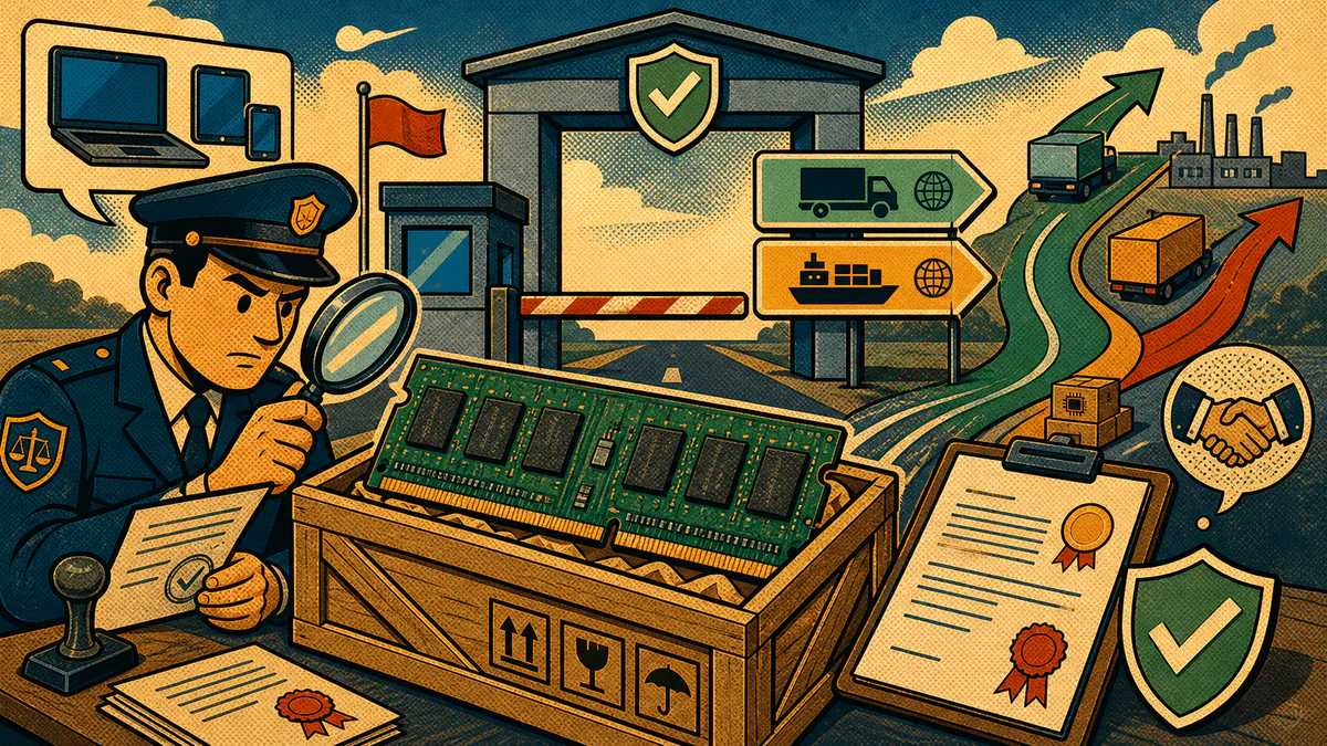 Retro cartoon cover showing a RAM shipment at a review checkpoint with alternate supply-route arrows and blank clearance papers.
