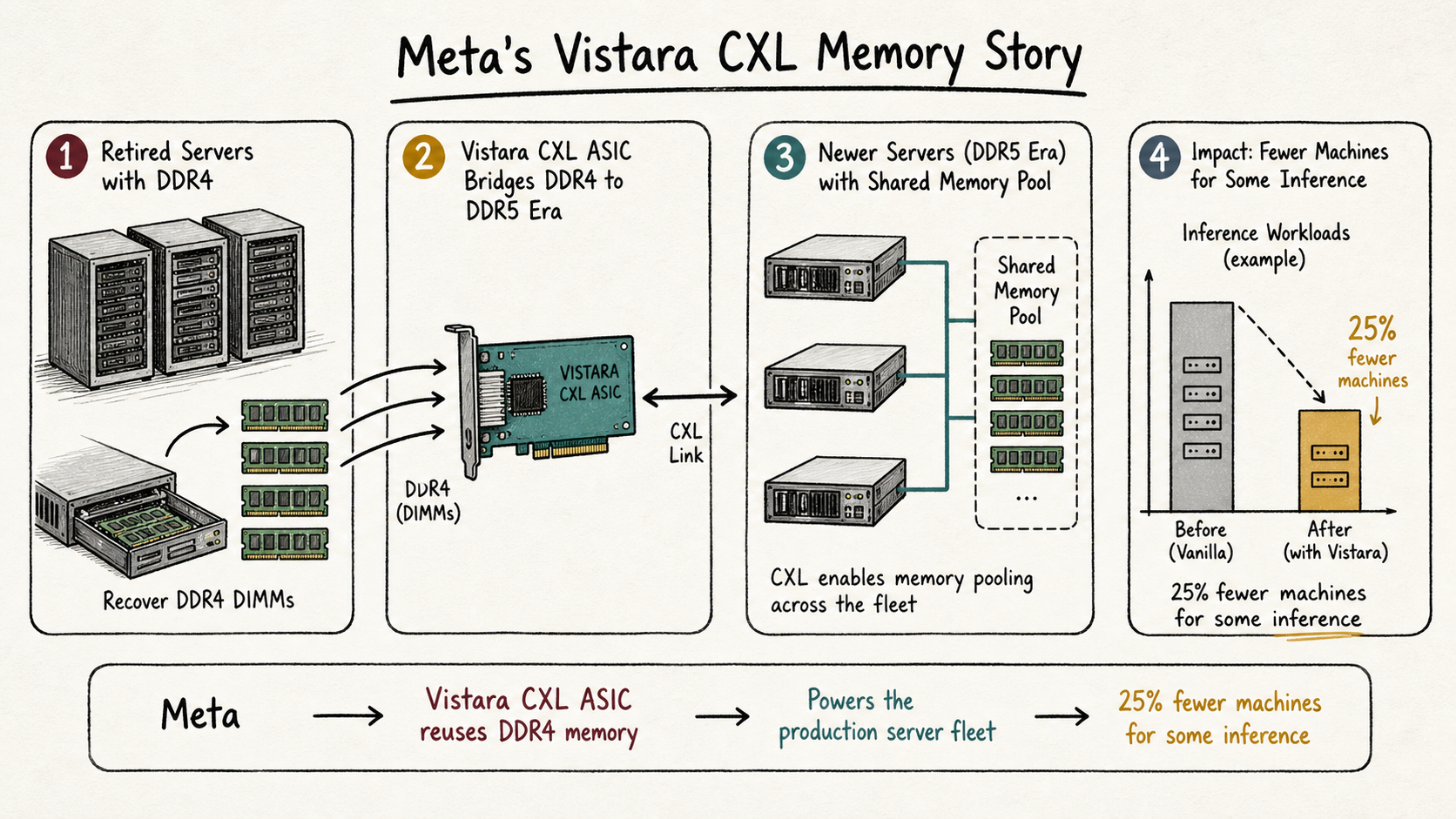 Sketchnote showing Meta's Vistara CXL ASIC linking recovered DDR4 memory from retired servers to newer machines and reducing some inference server counts.
