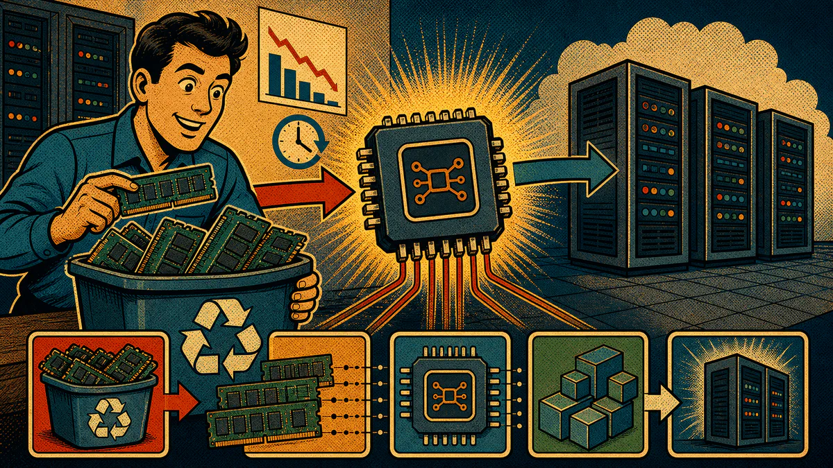 Retro cartoon cover showing retired memory sticks in a recycle bin connected through a bridge chip to new server racks.