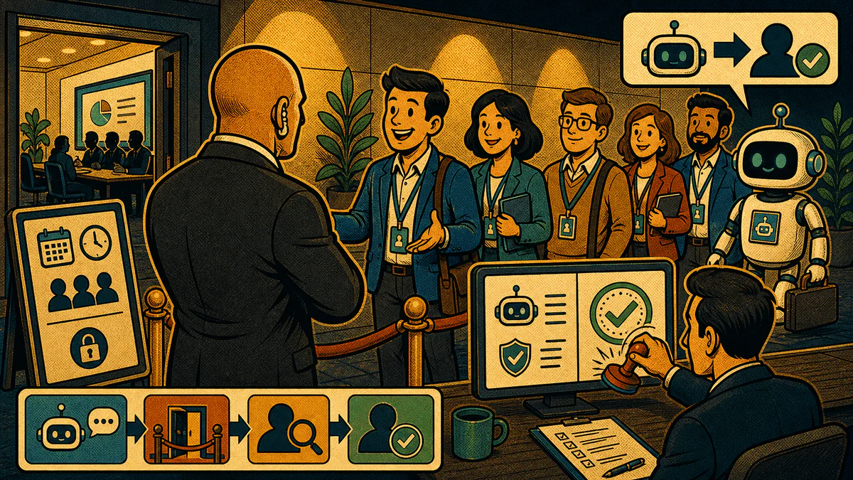 Retro cartoon cover showing a meeting bot waiting behind a lobby rope while an organizer approves entry.