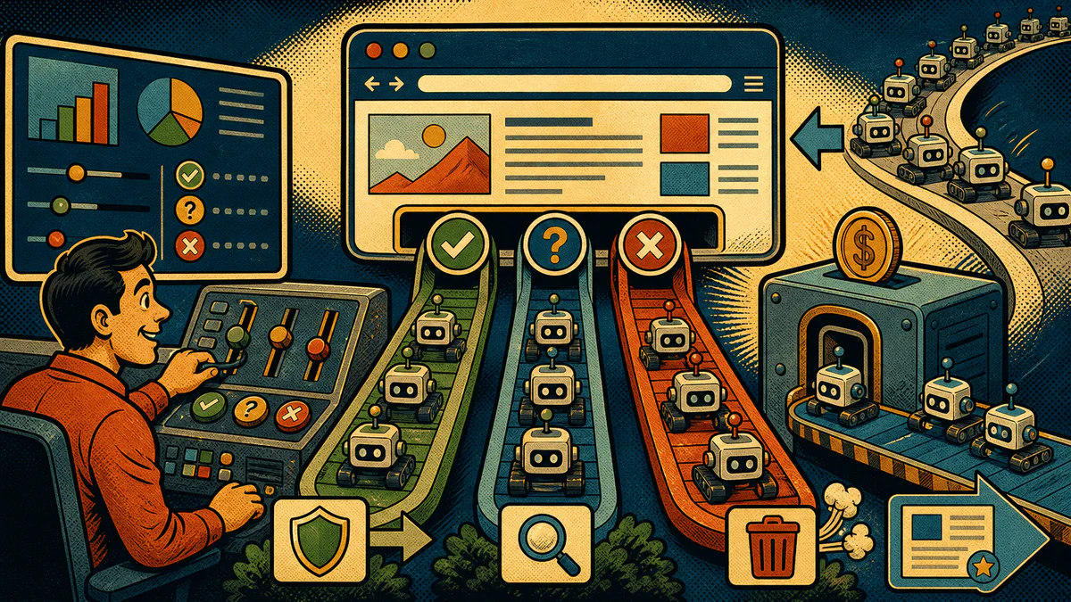 Retro cartoon cover showing crawler bots sorted into web-traffic lanes through a payment gate and site-owner control panel.