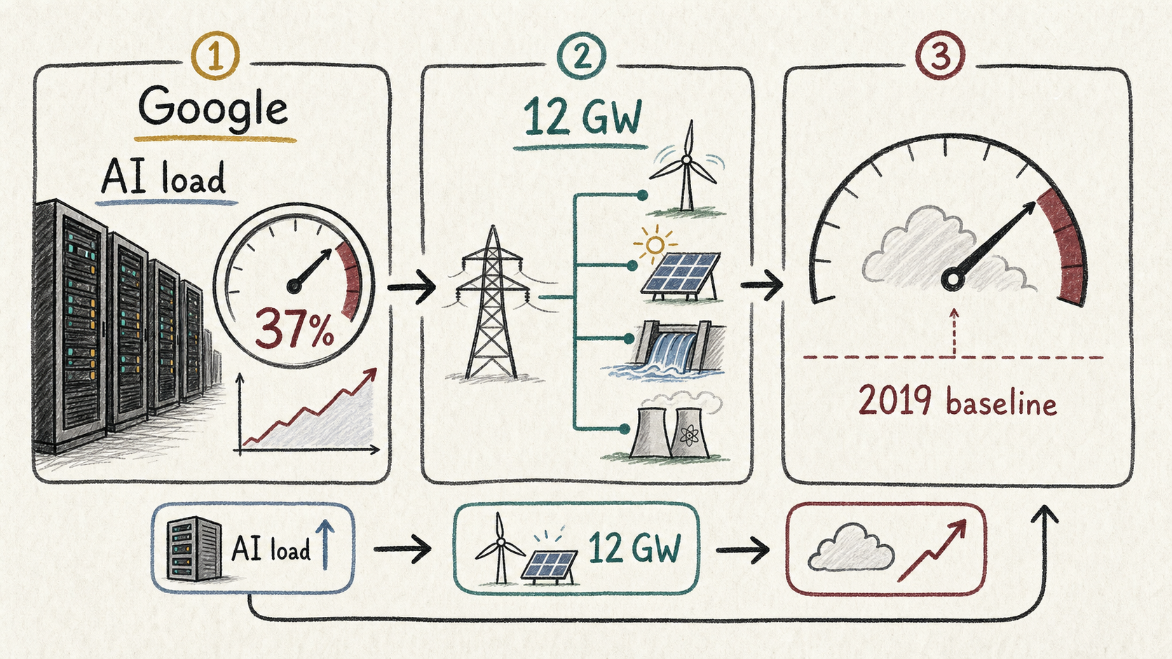 Hand-drawn map of Google AI server load rising 37 percent, clean-energy contracts marked 12 GW, and an emissions gauge above a 2019 baseline.