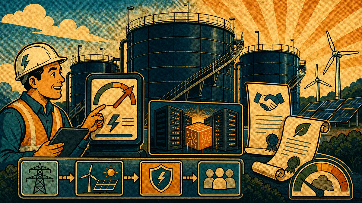 Retro cartoon cover showing industrial data-center tanks, a rising power meter, clean-energy papers, and an emissions gauge.
