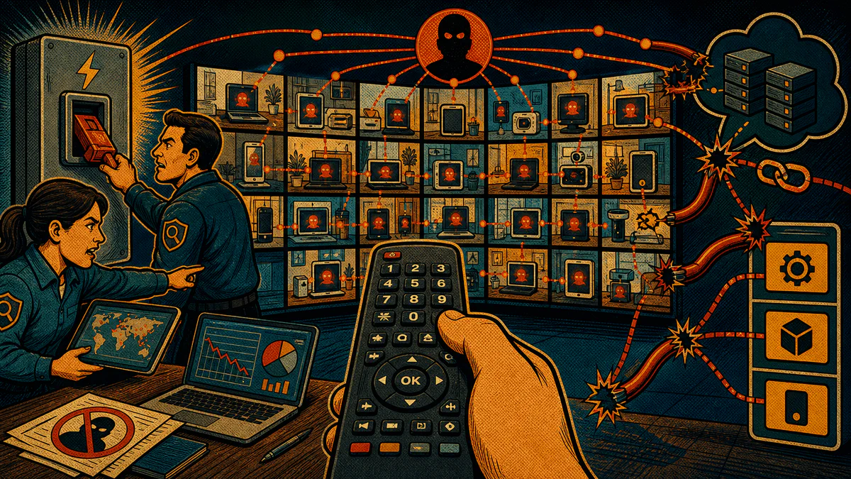 Retro cartoon cover showing investigators disrupting a household-device proxy network from a wall of screens and remote-control panel.