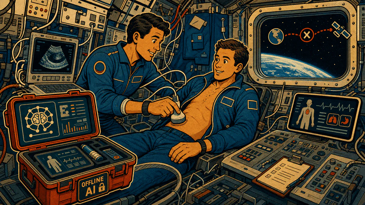Retro cartoon cover showing a space-station medical scan, offline AI medical kit, delayed Earth signal, and equipment-filled cabin.