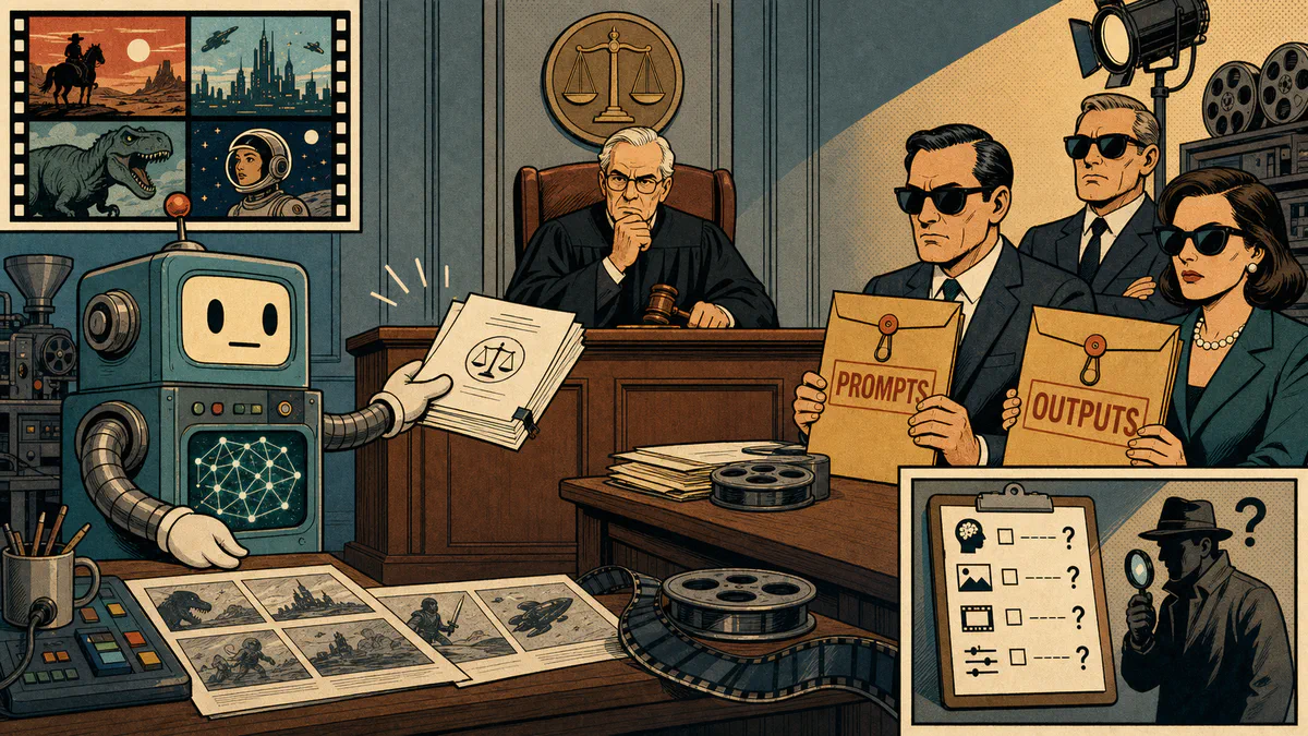 Retro cartoon courtroom cover showing an image-generation machine handing a court filing to a judge while studio figures hold sealed prompts and outputs folders.