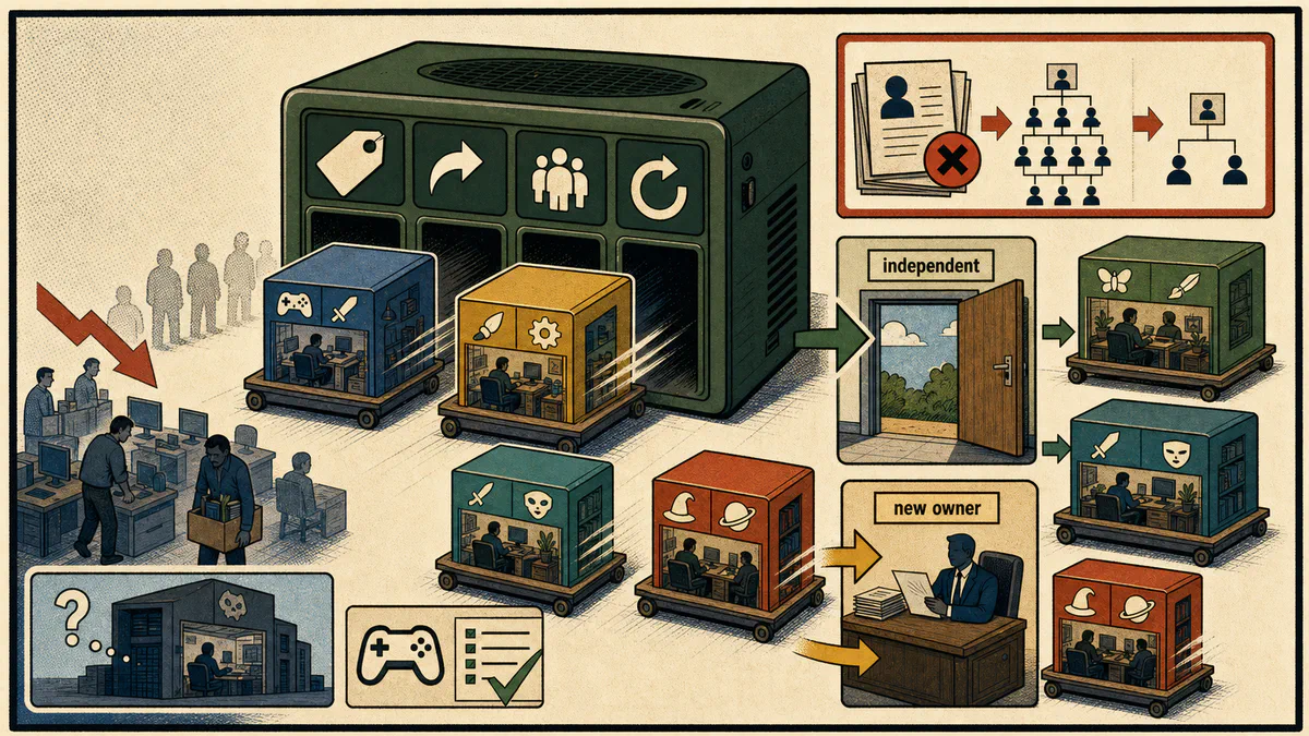 Retro cartoon cover showing a generic game division machine releasing studio workshop carts toward independent and new-owner doors while an org chart shrinks.
