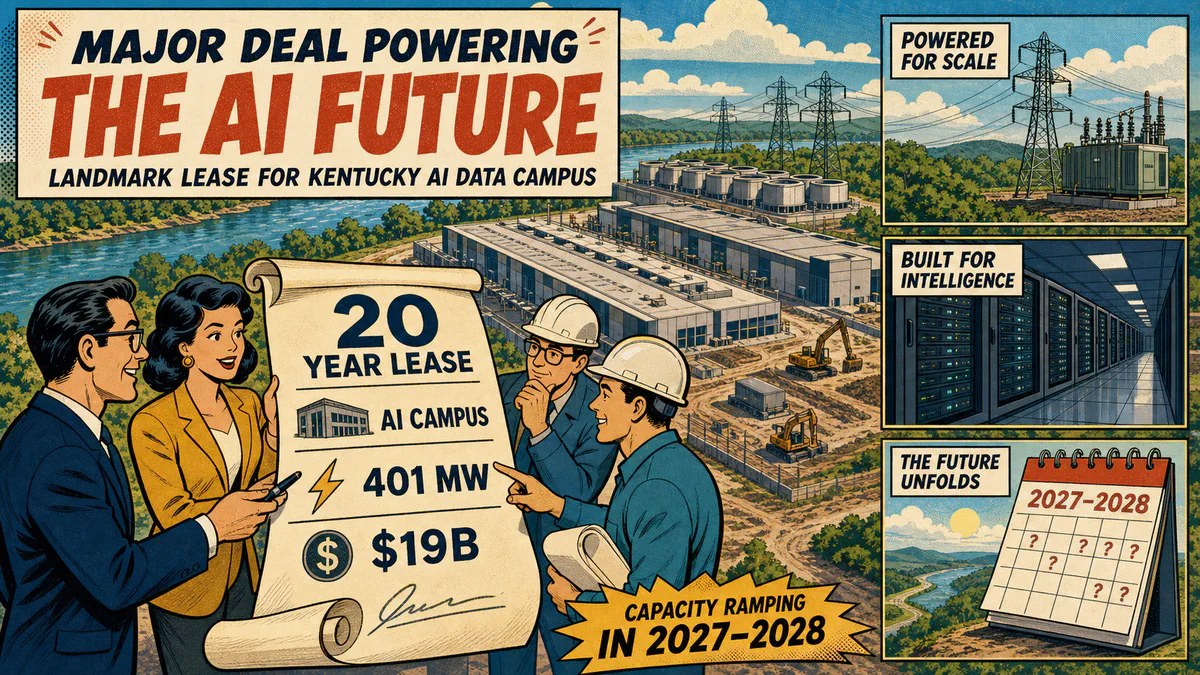 Retro cartoon cover showing a large AI data campus lease beside power infrastructure, server halls, and a 2027-2028 capacity calendar.