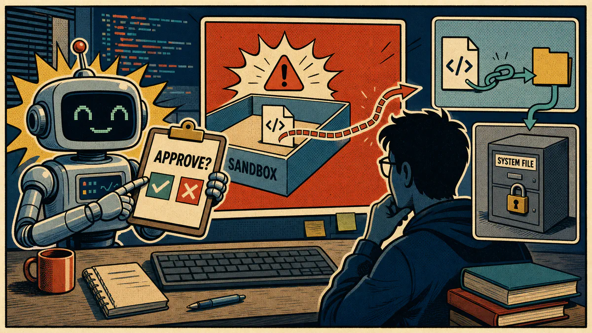 Retro cartoon cover showing an AI coding assistant approval prompt while a symbolic link escapes a sandbox toward a locked system file.