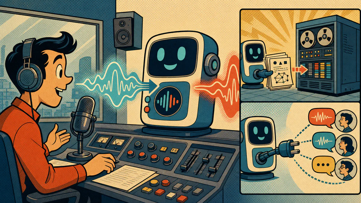 Retro cartoon cover showing a microphone conversation with an AI voice console, simultaneous sound waves, delegation to a larger machine, and an API plug panel.