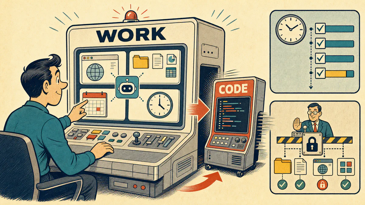 Retro cartoon of an AI work console absorbing a coding terminal while managing files, browser tasks, schedules, and permission gates.