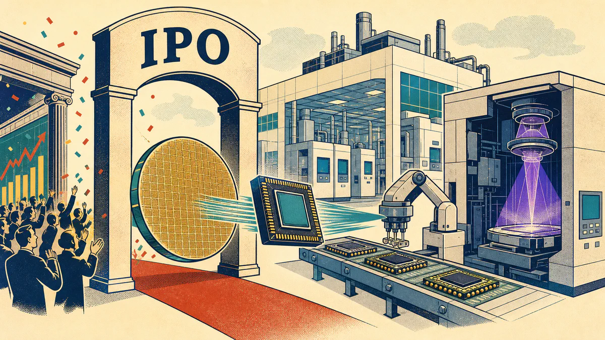 Retro editorial illustration of a semiconductor wafer passing through an IPO arch into a chip fabrication plant, packaging line, and EUV machine.