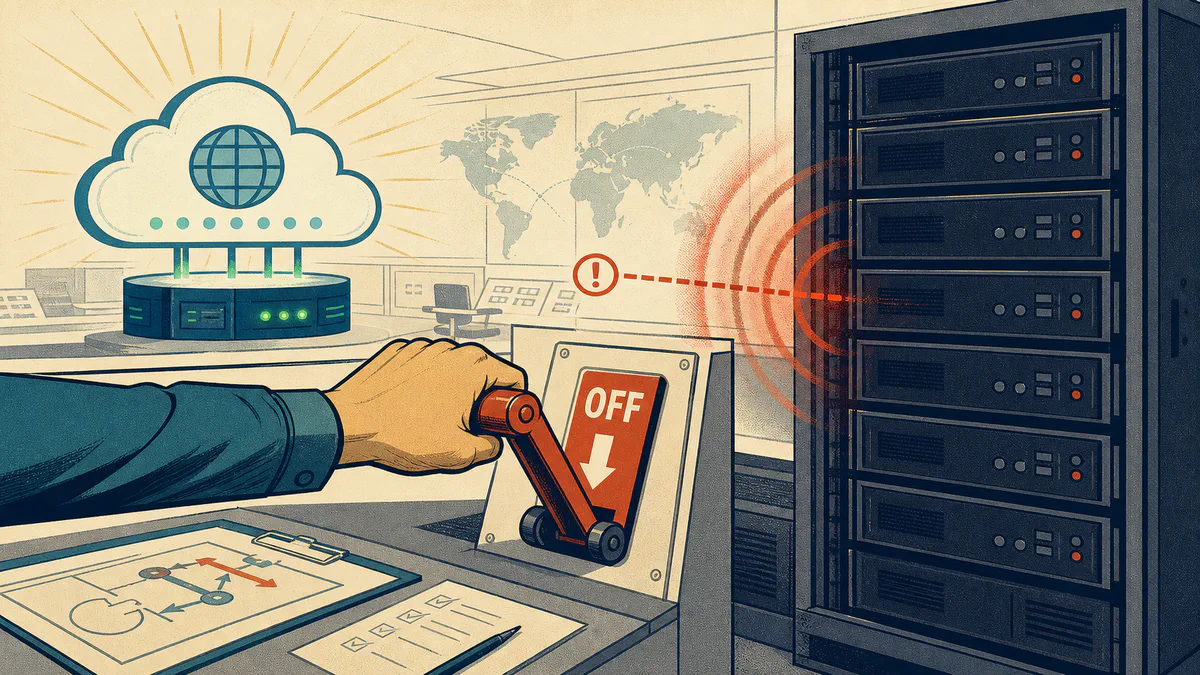 Retro editorial illustration of an operator switching off a local server rack while a cloud gateway remains online and a security warning approaches.