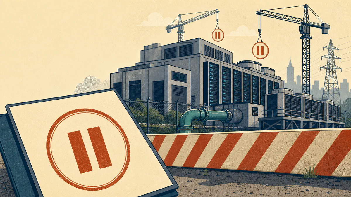 Retro editorial illustration of a paused permit in front of a halted data-center construction site with cooling equipment, water pipes, and power lines.