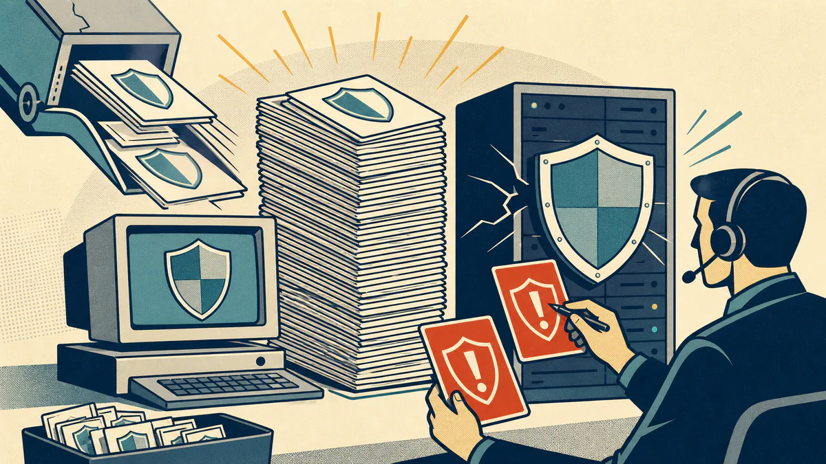 Retro editorial illustration of a security operator sorting two urgent vulnerability cards beside a large stack of software patches protecting a computer and server.