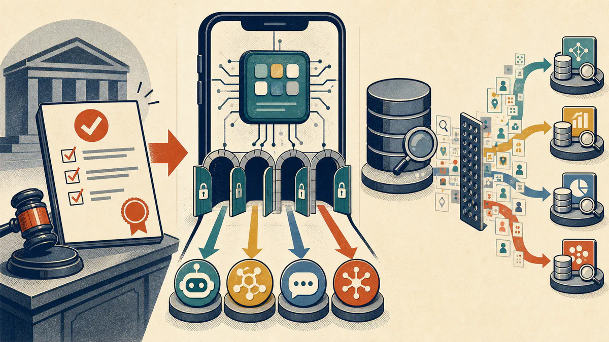 Retro editorial illustration of a regulator opening mobile-system gates to competing AI assistants while filtered search data branches to rival services.