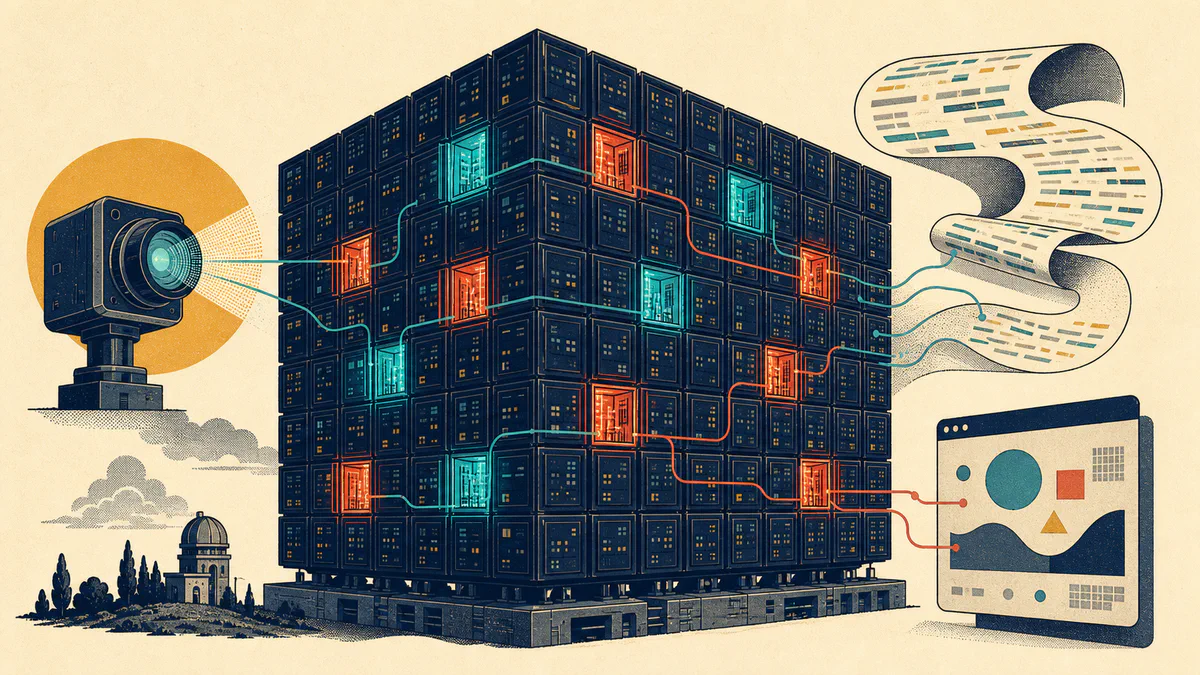 Retro editorial illustration of a vast modular AI engine linking selected expert compartments to a camera, long context ribbon, and abstract software window.