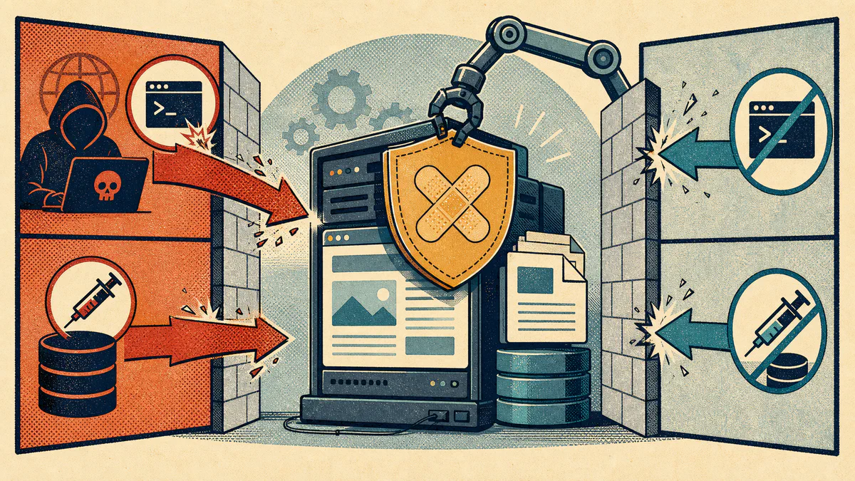 Retro editorial illustration of an automatic patch shield being fitted to a web server while remote-code and database attacks are blocked.