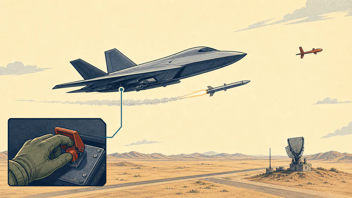 Retro editorial illustration of a semi-autonomous aircraft launching a missile over a desert test range while a human hand authorizes the release.