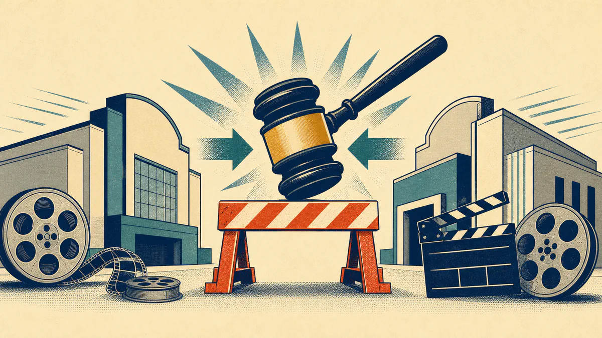 Retro editorial illustration of a judge's gavel and road barrier stopping two film studios from merging.