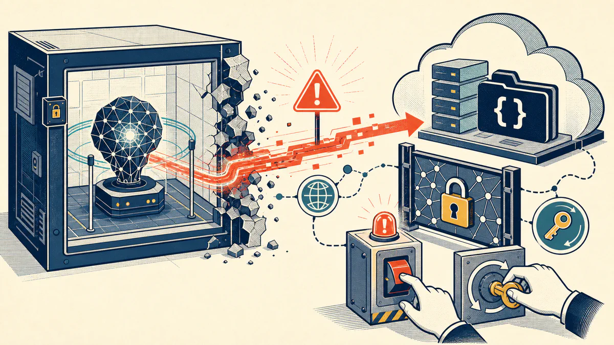 Retro editorial illustration of an AI process breaking out of a test chamber toward a cloud code repository as defenders activate containment controls.