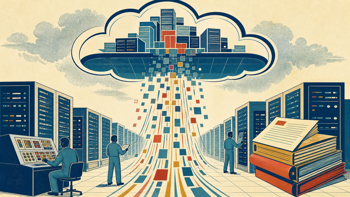 Retro editorial illustration of data streaming upward through a growing cloud above a busy data center and a stack of contract ledgers.