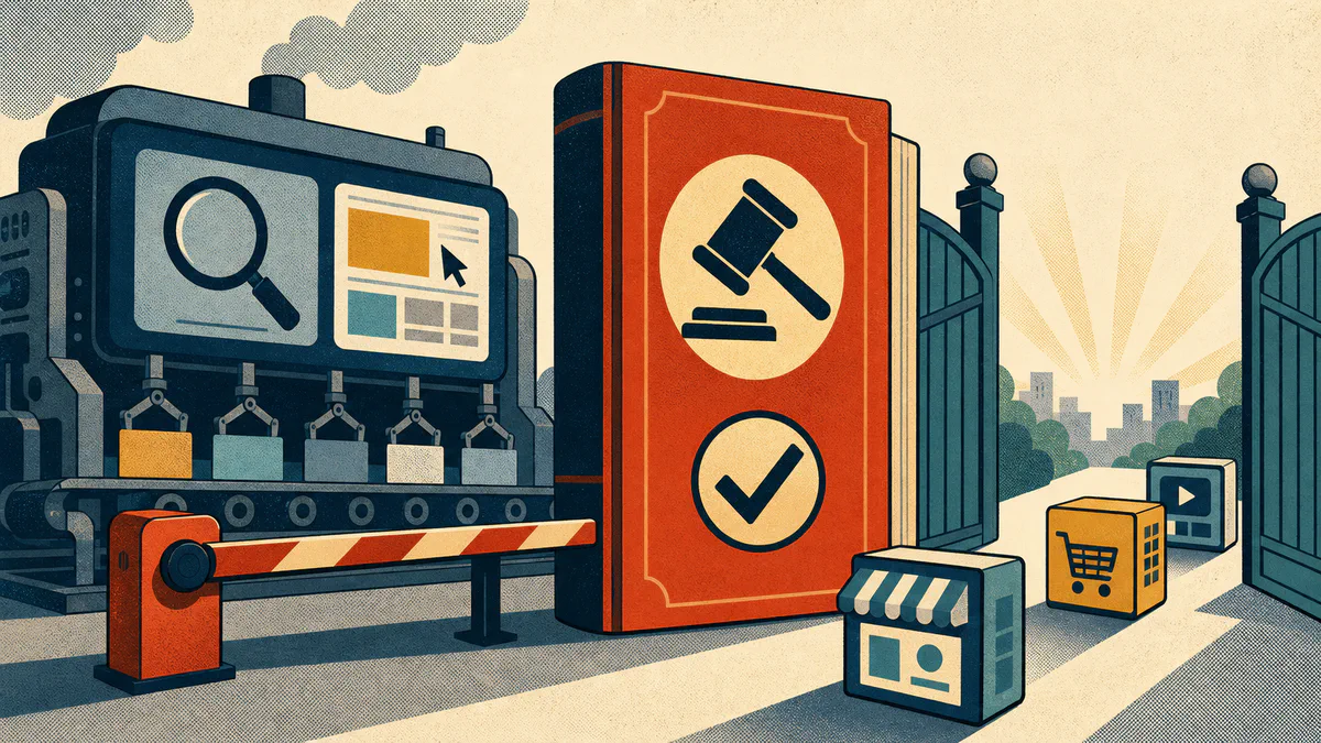 Retro editorial illustration of a search and advertising machine stopped by a regulatory barrier while smaller digital businesses pass through an open market gate.
