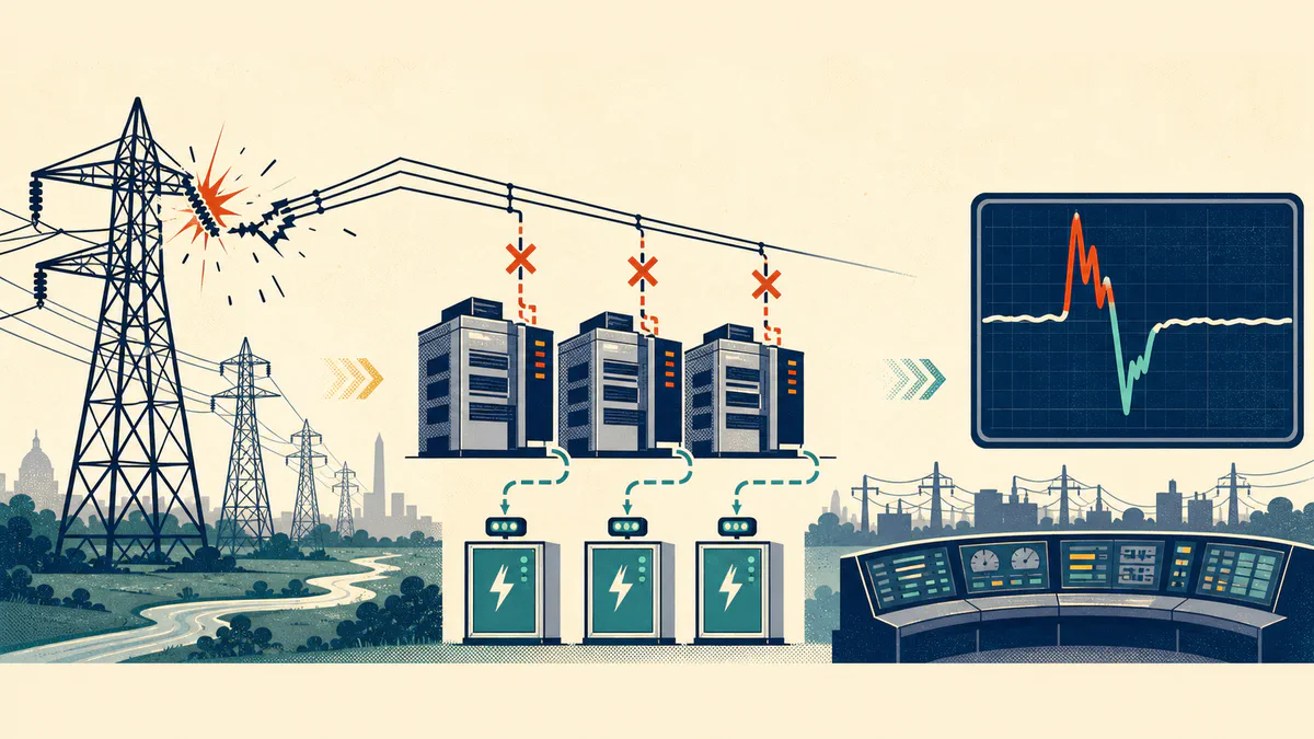Retro editorial illustration of a damaged transmission line, data centers switching to battery backup, and a regional grid waveform surging before it stabilizes.