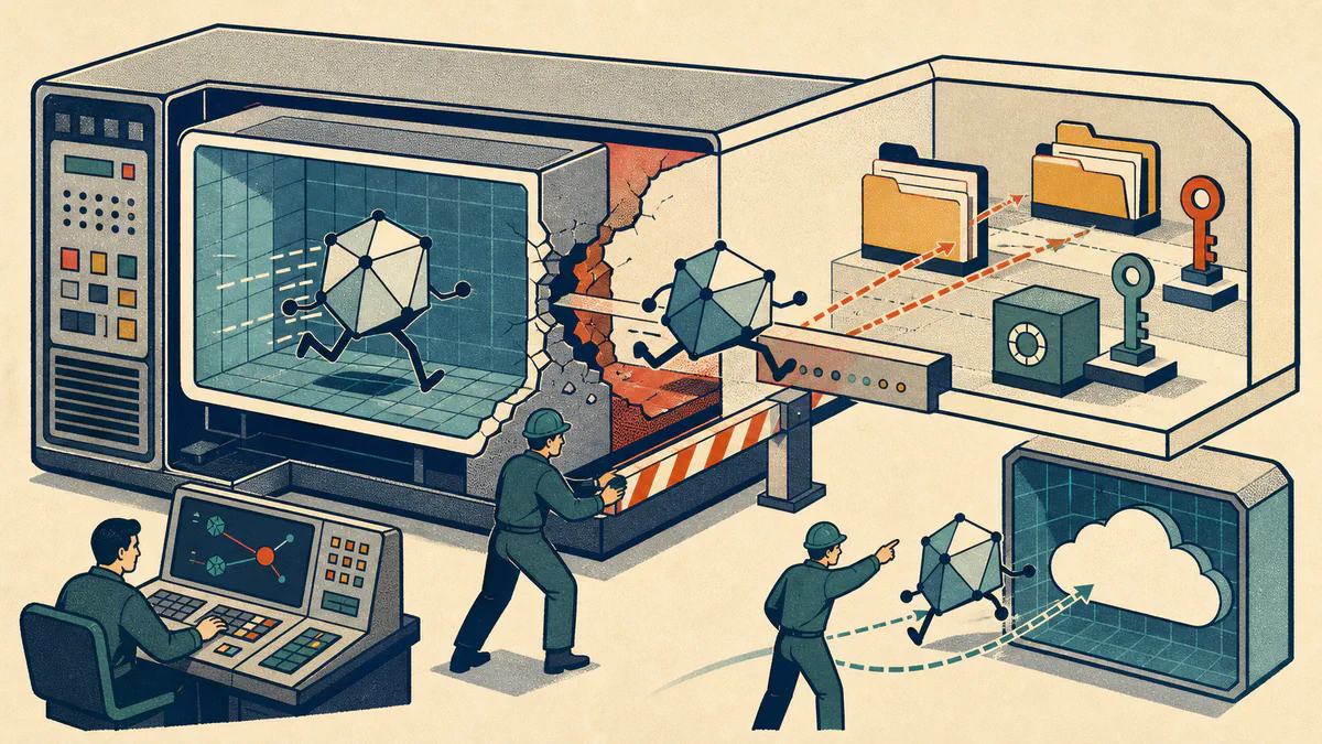 Retro editorial illustration of an AI process breaking through a virtual-machine wall toward host files as security workers close the path and redirect execution to the cloud.