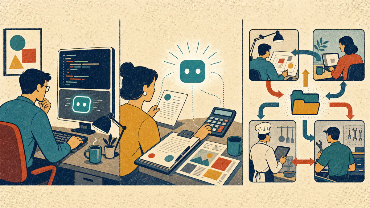 Retro editorial illustration of workers using an AI tool as documents and tasks move among different occupations.