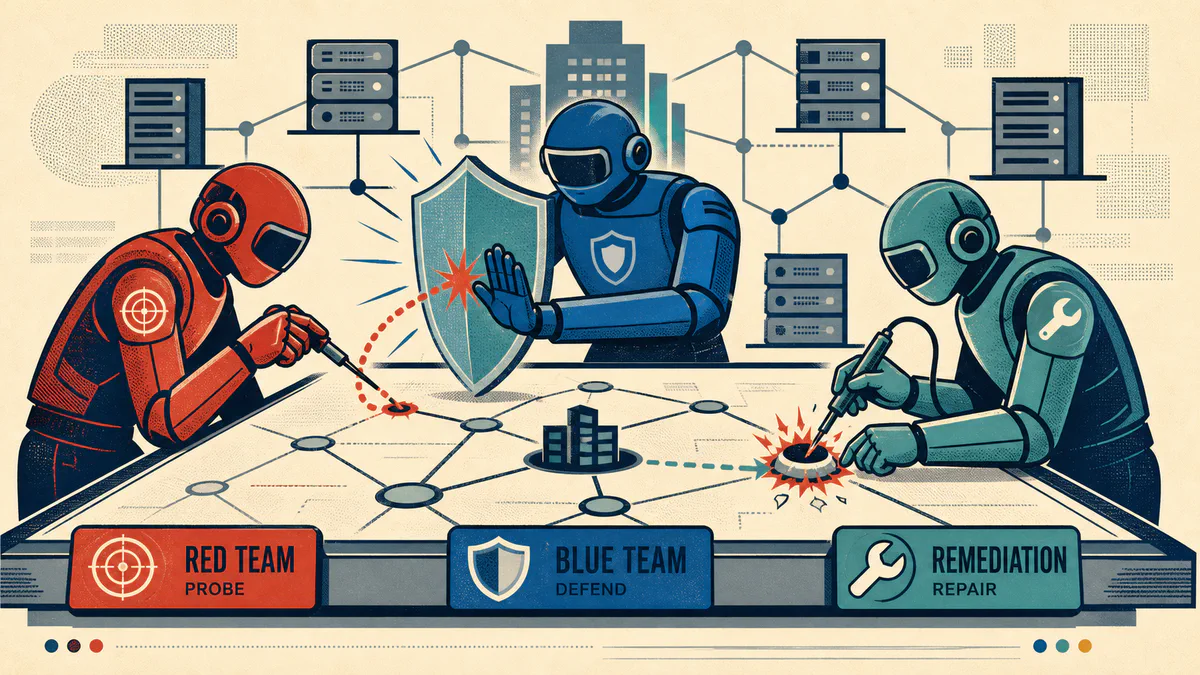 Retro editorial illustration of red-team, blue-team, and remediation agents probing, defending, and repairing an enterprise network.