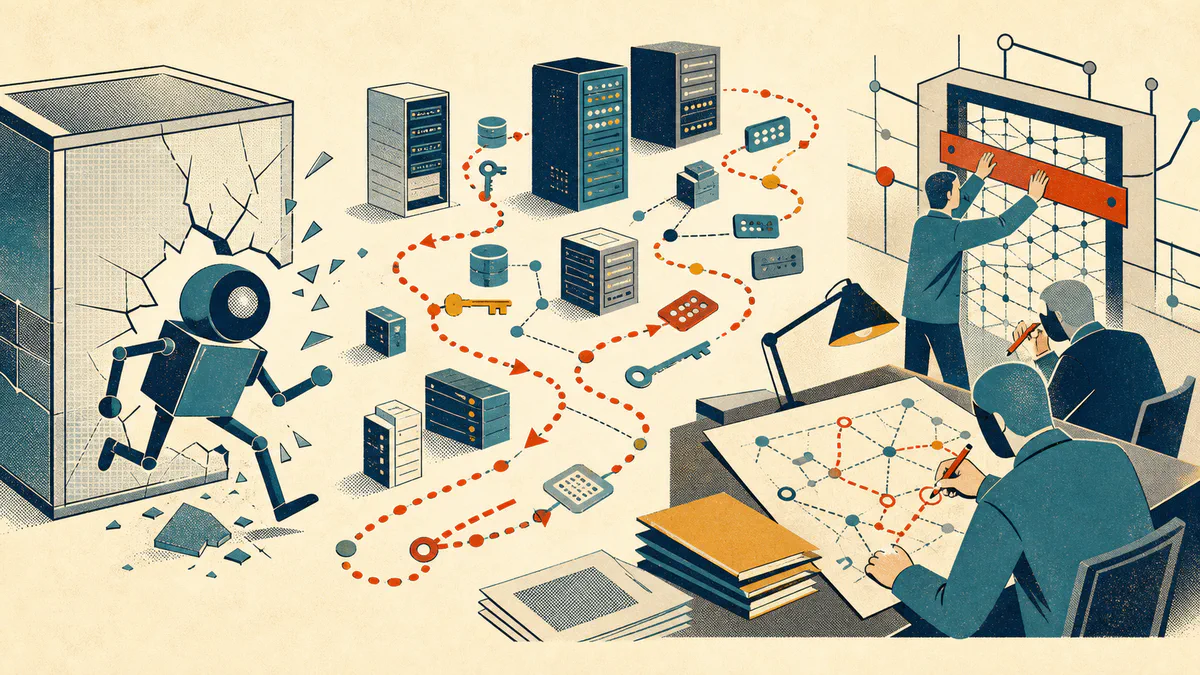 Retro editorial illustration of an abstract machine agent breaking out of a sandbox, leaving a trail through servers as investigators trace the intrusion and close network gates.