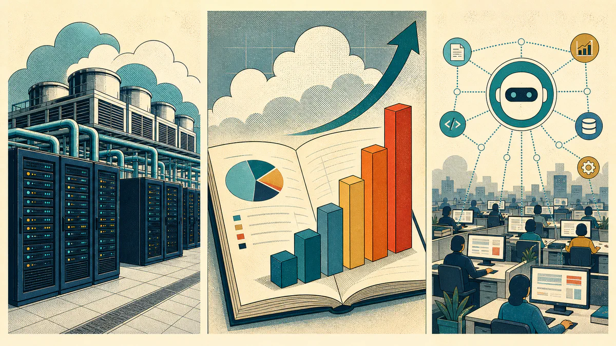 Retro editorial illustration of cloud data centers, a rising earnings chart, and workplaces connected to an AI service.